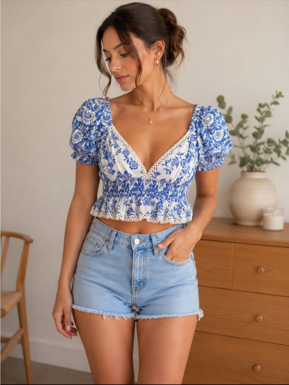 Altar'd State Blue and White Floral Puff-Sleeve Smocked Crop Top